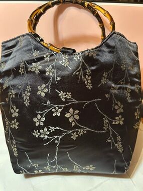 Elegant Black Floral Satin Tote with Bamboo Handles